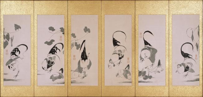 群鶏蔬菜図押絵貼屏風　右隻　（ぐんけいそさいずおしえばりびょうぶ　うせき）
江戸時代（１８世紀）相国寺蔵