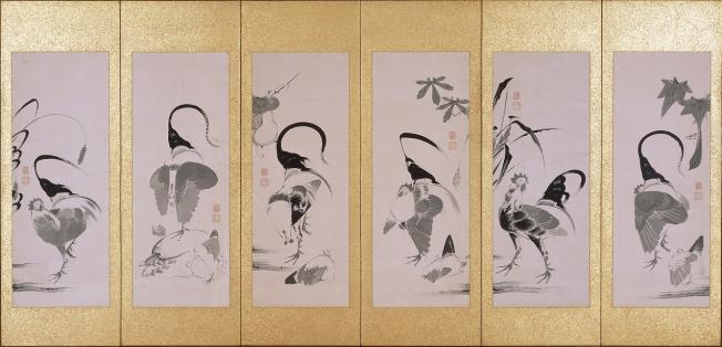 群鶏蔬菜図押絵貼屏風　左隻　（ぐんけいそさいずおしえばりびょうぶ　させき）
江戸時代（１８世紀）相国寺蔵